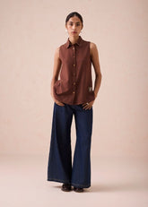 A Model Wearing Brown Handwoven Cotton The Cocoa Handspun Handwoven Organic Cotton Sleeveless Shirt, curated by Only Ethikal